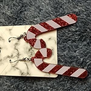 Acrylic Candy Cane Christmas Earrings 3/4 x 2 inches Red Glitter & white